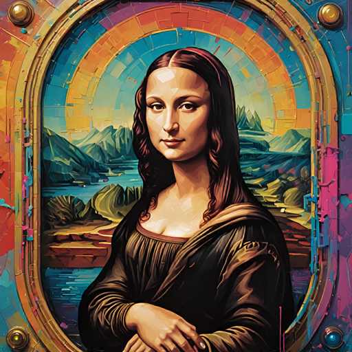 The image features an illustration of a woman with long brown hair and a black dress. The background is a colorful mosaic that includes blue, green, pink, and yellow hues. The woman appears to be standing in front of a window or frame, which adds depth to the composition.