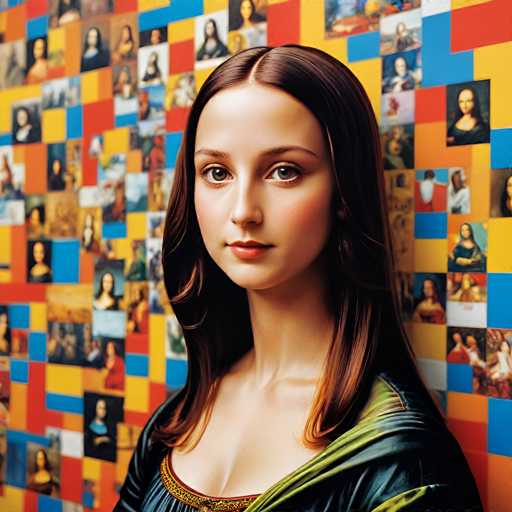 The image shows a close-up portrait of a woman with long brown hair and a green dress against a colorful background featuring various portraits of famous people. The woman is looking directly at the camera, creating an engaging and intimate atmosphere.