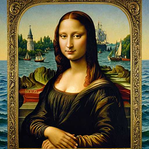 The image depicts a woman with long red hair wearing a black dress and holding a book. The background features a painting of the Mona Lisa, surrounded by boats on the water.