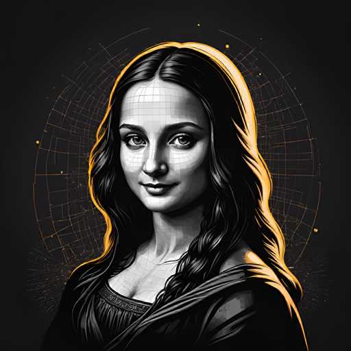 The image is a black and white portrait of a woman with long hair styled in loose waves. The background features a grid-like pattern that adds depth and texture to the composition. The woman's face is centrally positioned against this backdrop, creating a striking contrast between her figure and the intricate design behind it.