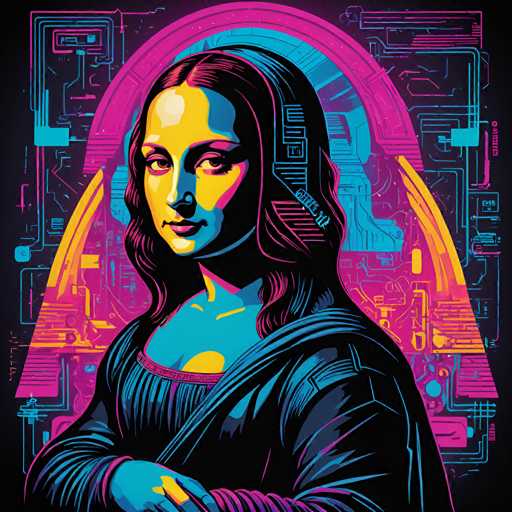 The image features an illustration of a woman with long hair and a blue dress. The background is a vibrant mix of pink, purple, and neon colors, creating a futuristic atmosphere. The woman's face is prominently displayed in the center of the image, and she appears to be looking directly at the viewer.