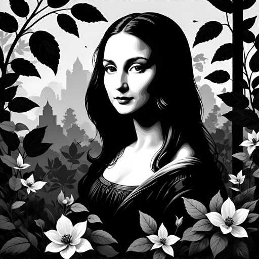 The image is a black and white portrait of a woman with long hair styled in loose waves. She is wearing a dress that falls just below her shoulders. The background features leaves and flowers, adding depth to the scene. The artist's signature can be seen at the bottom right corner.