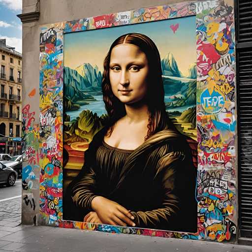The image shows a large mural on the side of a building that depicts the famous painting "Mona Lisa" by Leonardo da Vinci. The mural is predominantly black and white with colorful accents, creating a striking contrast against the backdrop of the building's facade. The painting itself is a portrait of a woman with long hair, dressed in a flowing dress, seated on a chair. The background features mountains and trees, adding depth to the scene.