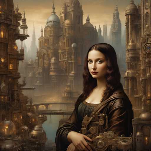 The image depicts a woman with long brown hair wearing a black dress and holding a golden clock. The setting is an urban landscape filled with tall buildings of varying sizes and designs, including a castle-like structure on the left side of the frame. The sky above is a hazy orange color, adding to the overall atmosphere of the scene.