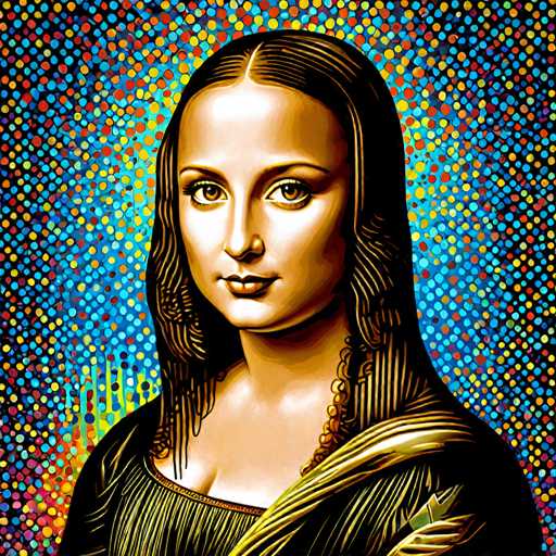 The image is an illustration of a woman's face rendered in a digital art style. The background features a vibrant display of colorful dots and lines that create a sense of depth and dimension to the scene. The woman depicted has long hair styled in loose curls, adding a touch of elegance to her appearance. She is wearing a black dress with gold accents, which contrasts beautifully against the colorful backdrop. The artist's signature can be seen at the bottom right corner of the image.