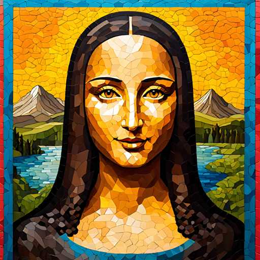 The image depicts a mosaic portrait of a woman with long brown hair and dark eyes. The background features mountains and trees against an orange sky.