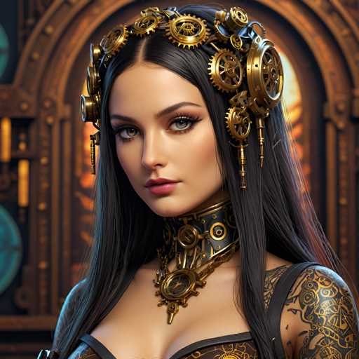 The image shows a close-up portrait of a woman with long dark hair and a headpiece made up of gold gears and cogs. The woman is wearing a black dress that contrasts with the golden elements on her headpiece. Her eyes are looking directly at the camera, giving an intense gaze.