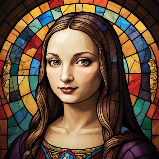 The image depicts a woman with long brown hair wearing a purple dress and a crown on her head. The background is a stained glass window featuring a circular pattern of colors including blue, green, yellow, orange, pink, and red.