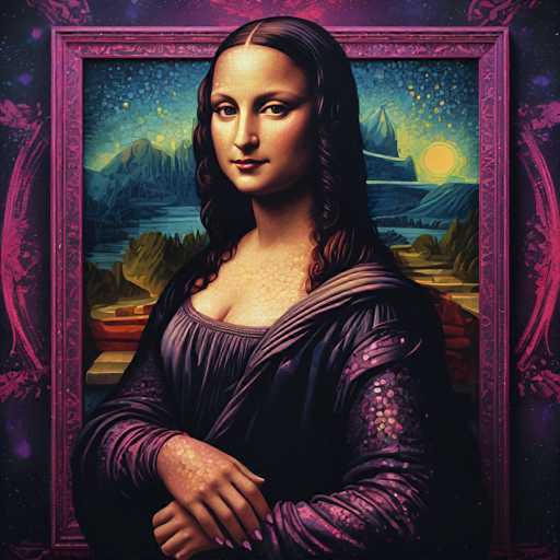 The image features an illustration of a woman with long brown hair and a purple dress, standing against a dark background that includes stars and mountains. The woman is positioned centrally within the frame, facing towards the viewer.
