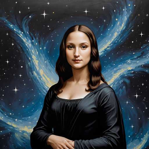 The image depicts a woman with long brown hair wearing a black dress against a backdrop of a starry night sky filled with swirling patterns and bright stars. The painting style is realistic, capturing the intricate details of the woman's features and the celestial elements surrounding her.