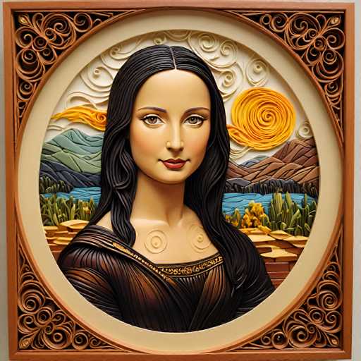 The image shows a ceramic portrait of a woman with long dark hair and brown skin tones. The portrait is framed by an oval shape and has a wooden border. The background features a landscape with mountains and trees, suggesting the artwork may be inspired by the Mona Lisa or other famous paintings.