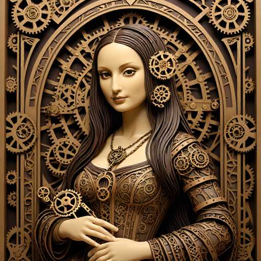 The image depicts a woman with long brown hair wearing a corset and earrings, standing against a backdrop of intricate gears and cogs. The woman is positioned centrally within the frame, drawing attention to her as the main subject.