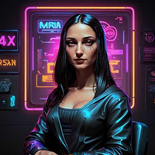 The image depicts a woman with long dark hair wearing a black leather jacket and standing against a neon background that includes the words "MIA" and "4x4". The woman is positioned in front of a neon sign that reads "MIA", suggesting she may be in an art gallery or studio.