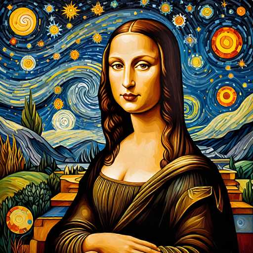The image depicts a woman with long brown hair and dark skin wearing a black dress standing against the backdrop of a starry night sky filled with yellow stars. The painting is executed in an impressionistic style, characterized by loose brushstrokes that capture the essence of the scene rather than focusing on minute details.

There are no texts or other objects present in the image.