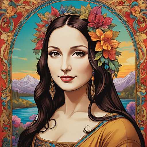 The image depicts a woman with long dark hair wearing a crown made up of flowers and leaves on her head. She is wearing a yellow dress that contrasts with the blue sky behind her. The background features mountains in shades of purple and green, suggesting a mountainous landscape.