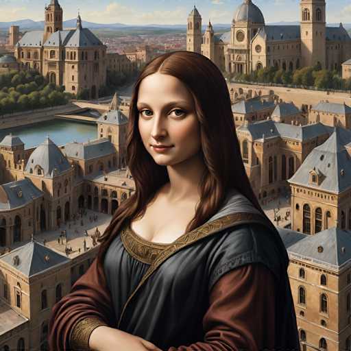 The image depicts a woman with long brown hair and a red dress standing in front of a cityscape featuring buildings of varying heights and designs. The perspective is from above the woman's head, providing an aerial view of the city below her.