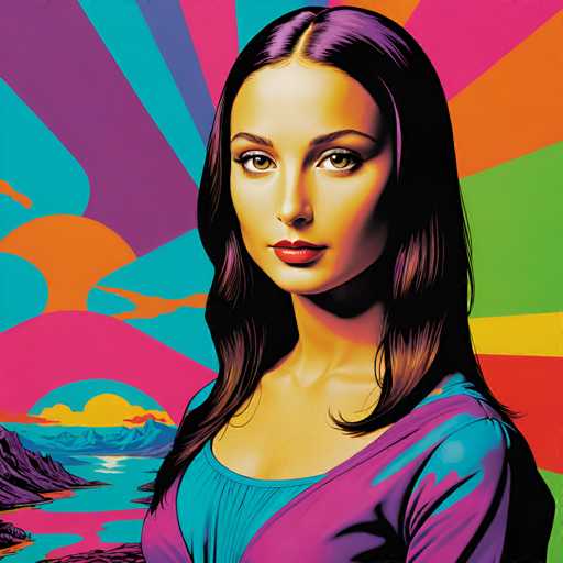 The image depicts a woman with long brown hair wearing a blue dress against a vibrant and colorful background that includes a rainbow and mountains. The woman is looking directly at the camera with an expression of curiosity or interest.