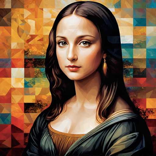 The image features an illustration of a woman with long brown hair and a blue dress. She is looking directly at the camera, giving off a serious expression. The background behind her is a vibrant display of colors, including shades of yellow, orange, green, and red. The artist's signature "M. Van Gogh" can be seen in the bottom right corner of the image.