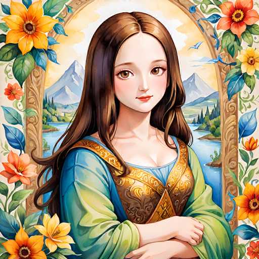 The image depicts a woman with long brown hair wearing a blue dress and gold jewelry. She is standing against a backdrop of mountains and trees, suggesting an outdoor setting. The painting style is realistic, with attention to detail in the depiction of the woman's features and surroundings.