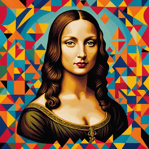 The image depicts a woman with long brown hair and dark skin tones wearing a black dress. She is looking directly at the camera, giving an impression of confidence and poise. The background features a vibrant display of geometric shapes in various colors including red, blue, yellow, green, orange, and purple.