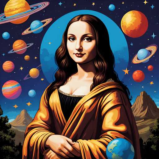 The image depicts a woman with long brown hair wearing an orange dress and holding a globe in her right hand against the backdrop of a night sky filled with planets and stars. The painting style is realistic, capturing the intricate details of the celestial bodies and the woman's features.