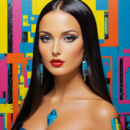The image shows a close-up portrait of a woman with long dark hair and striking blue earrings. She is wearing a sleeveless top that contrasts with her dark hair. The background features a vibrant mix of colors including pink, yellow, green, and orange, creating an abstract pattern that adds depth to the composition.
