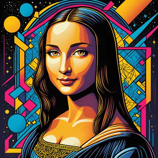 The image is an illustration of a woman's face rendered in a cartoon style with bright colors and geometric shapes. The woman has long hair that falls down her back, and she is wearing a blue dress. The background features a patterned design with various shapes and lines, including circles, triangles, and rectangles.