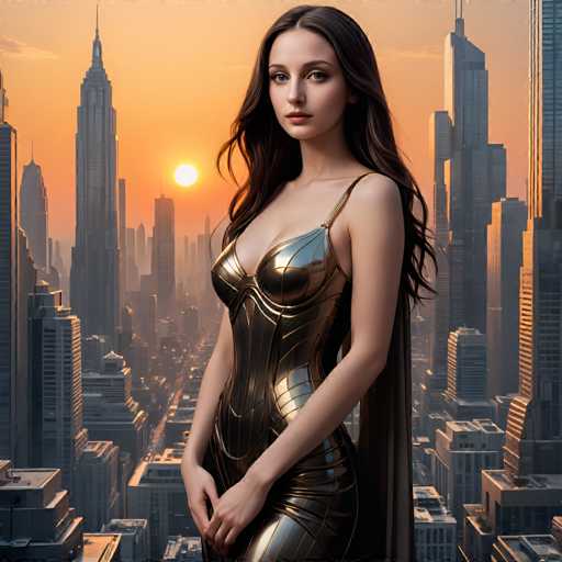 A woman stands confidently against a backdrop of towering buildings and a vibrant sunset. She is dressed in a striking gold dress that contrasts with the cityscape around her. The sun's warm glow bathes the scene, casting long shadows and highlighting the architectural details of the buildings.