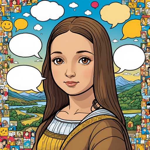 The image depicts a cartoon girl with long brown hair wearing a yellow dress and a brown top hat. She is surrounded by speech bubbles of various sizes and colors, including yellow, blue, green, and white. The background features a landscape with mountains and trees, suggesting an outdoor setting or perhaps a painting.