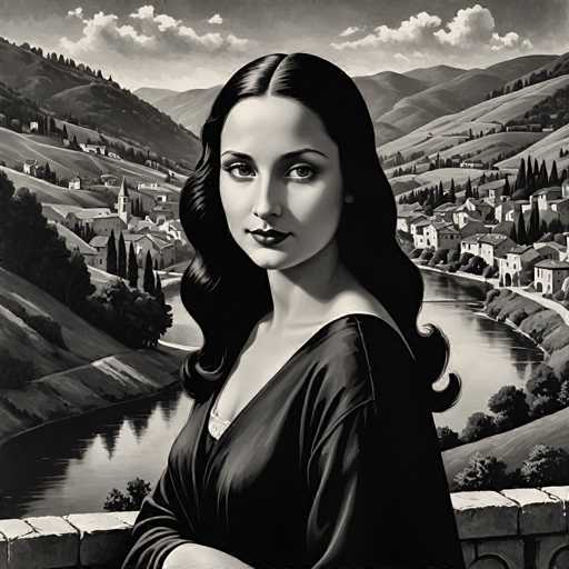 The image is a black and white portrait of a woman with long hair wearing a dress. The background features a landscape with trees and houses, suggesting an idyllic countryside setting.