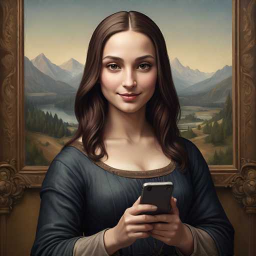 The image depicts a woman with long brown hair wearing a blue dress and holding a smartphone. The background features a painting of the Mona Lisa, suggesting an artistic or historical context to the scene.