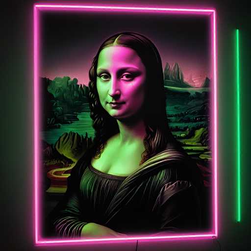 The image shows a digital art piece featuring a woman with long hair and a black dress against a dark purple background. The woman's face is lit up by neon pink light, giving her an ethereal glow. The painting style is reminiscent of the famous Mona Lisa portrait, adding to its artistic appeal.
