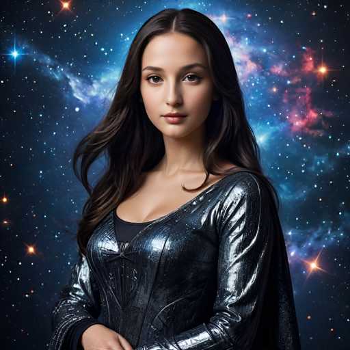 A woman with long brown hair is standing against a backdrop of stars and planets. She is wearing a black dress that has an intricate design on the sleeves and collar. The background features a deep blue color with white stars scattered throughout, creating a sense of depth and vastness.