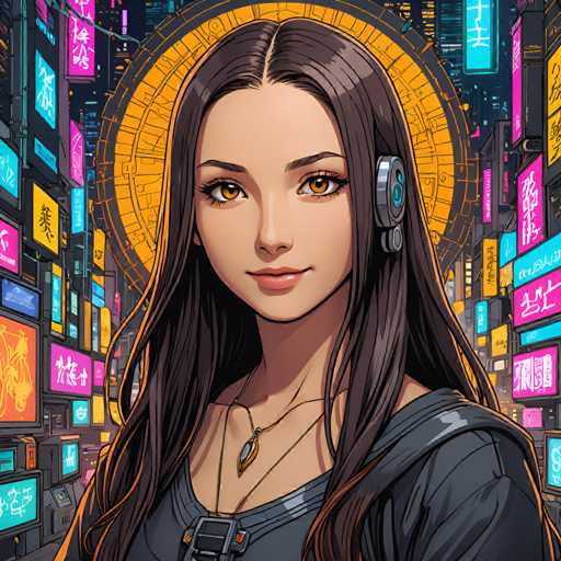 The image depicts a young woman with long brown hair wearing a black top and a necklace around her neck. She is looking directly at the camera with a serious expression on her face. The background features neon signs in various colors including pink, blue, yellow, green, and orange, creating an urban atmosphere.