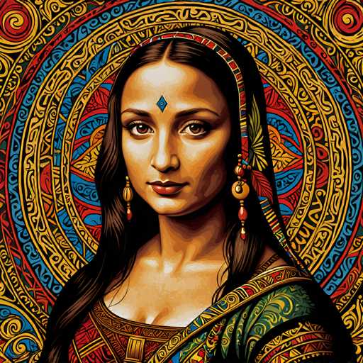 The image depicts a woman with long dark hair wearing a colorful headscarf and earrings. She is positioned against a vibrant background featuring a circular pattern of colors including red, blue, yellow, green, orange, and pink. The woman's face is the central focus of the image, which is rendered in a realistic style using a variety of colors to create depth and dimension.

The artist has used a high level of detail and precision in their work, capturing the intricate patterns on the background and the woman's facial features with great accuracy. The use of color and shading adds a sense of realism to the image, making it appear as though the woman is standing right before the viewer.