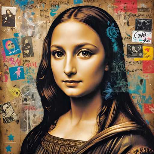The image depicts a portrait of a woman with long brown hair and dark eyes. The painting is done in an impressionist style, characterized by loose brushstrokes that create a sense of movement and light. The background features various graffiti art pieces, including the works of artists such as Jean-Michel Basquiat and Banksy.