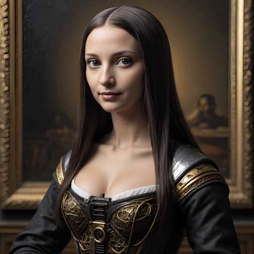 The image shows a woman with long dark hair wearing a black dress and gold accents. She is looking directly at the camera with a serious expression on her face. The background features an ornate gold frame that includes a portrait of another person in the background.