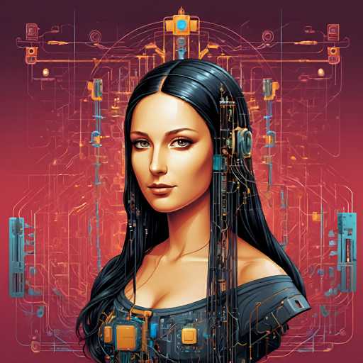 The image depicts a woman with long dark hair wearing a black dress and earrings. She is standing against a backdrop of intricate blue and orange lines and shapes that resemble a complex network of pipes and wires. The colors used in the background are predominantly blue and orange, creating an abstract and futuristic atmosphere.