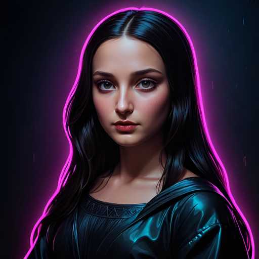 The image shows a close-up portrait of a woman with long dark hair and striking blue eyes. She is wearing a black dress that contrasts with the pink neon lighting behind her. The background is a deep purple color, which further accentuates the woman's features.