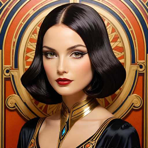 The image shows a close-up portrait of a woman with black hair styled in an updo and wearing gold jewelry around her neck. The background features a circular pattern with orange and blue colors, creating a warm and inviting atmosphere.
