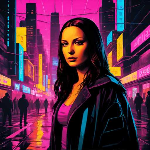 The image depicts a woman with long dark hair standing on a street at night. She is wearing a black jacket and has her head tilted slightly to the side as she gazes into the distance. The background features neon signs and buildings that glow in shades of pink and blue, creating an urban atmosphere.