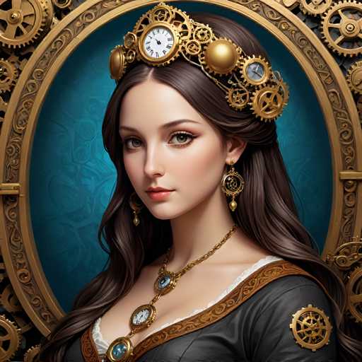 The image depicts a woman with long brown hair wearing a gold crown and necklace. She is looking directly at the camera, giving off an air of confidence and elegance. The background features a blue frame adorned with intricate gold gears, adding to the overall aesthetic of the piece.