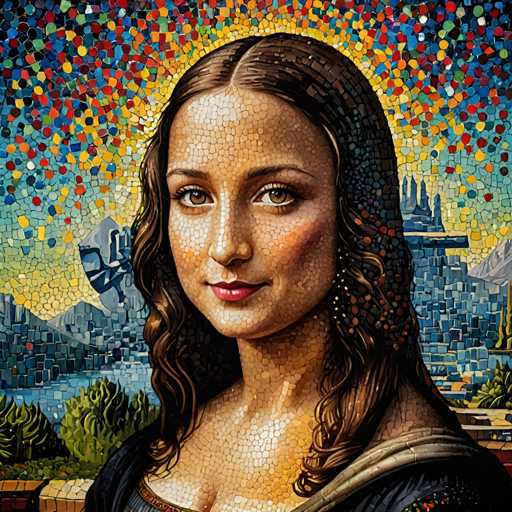 The image depicts a mosaic portrait of a woman with long brown hair and dark eyes. The background features a vibrant display of colorful dots arranged in the shape of a castle or palace, suggesting an artistic interpretation of the Mona Lisa's iconic portrait.