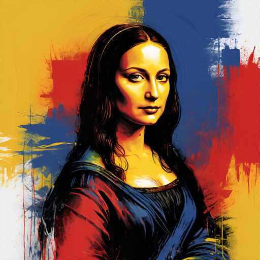 The image is an illustration of a woman with long brown hair and a blue dress. The background features splashes of red, yellow, and blue paint, creating a vibrant and colorful scene. The artist's signature "M" can be seen in the bottom right corner.