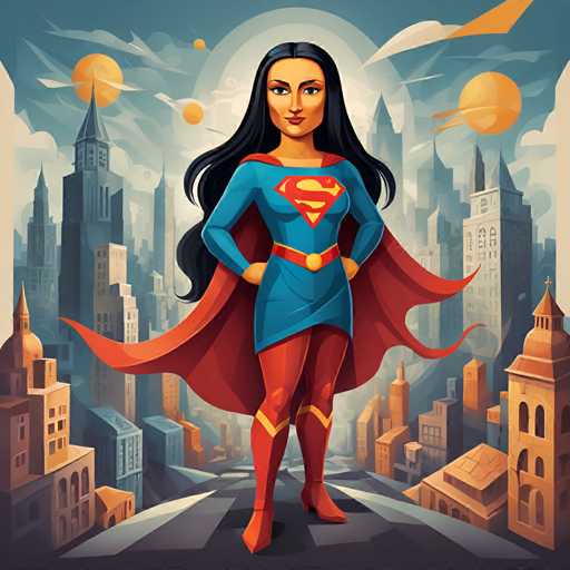 The image depicts a woman dressed as Supergirl standing on a rooftop with the city skyline in the background. The woman is wearing a blue and red costume that includes a cape and boots, and she has her hands on her hips while looking directly at the camera.