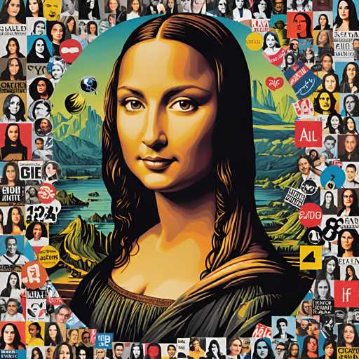The image is an illustration featuring a portrait of a woman with long brown hair and a prominent nose. The background is a collage of various images, including the faces of famous people such as Giorgio Armani, Lady Gaga, and Jennifer Aniston. The style of the artwork appears to be cartoon-like or cartoon-inspired, with a focus on the woman's face and her surroundings.