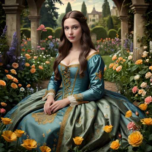 A woman dressed in a long, flowing dress with gold accents and a crown sits on a bench surrounded by a garden filled with yellow flowers and green bushes.