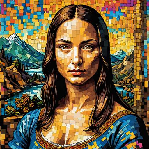 The image depicts a woman with long brown hair wearing a blue dress and standing against a backdrop of mountains and trees. The painting style is realistic, with the artist's attention to detail evident in the use of color and texture.