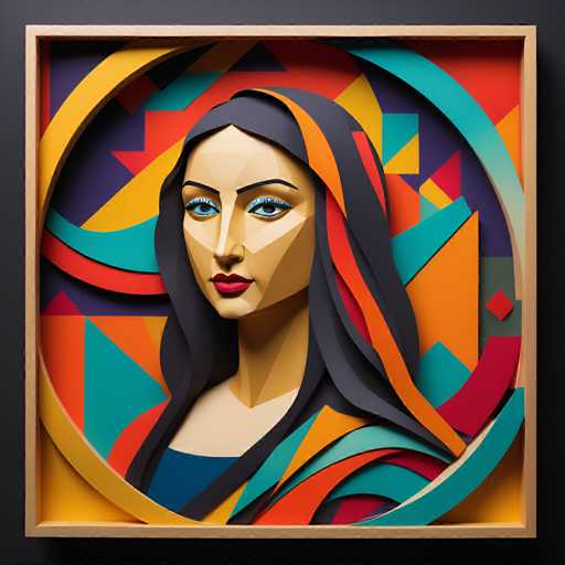 The image depicts an abstract portrait of a woman with long hair and blue eyes, set against a black background. The portrait is framed by a vibrant circular border composed of geometric shapes in shades of yellow, orange, green, and red.
