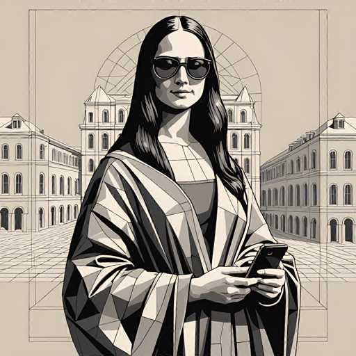 The image depicts a woman wearing sunglasses and a robe with geometric patterns standing in front of an ornate building. The woman is holding a phone in her hand.